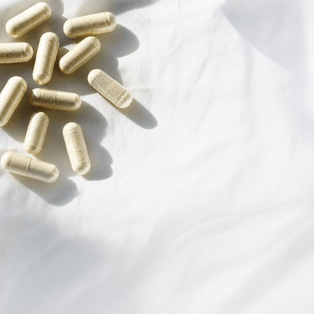 Vespera capsules resting on linen bedding