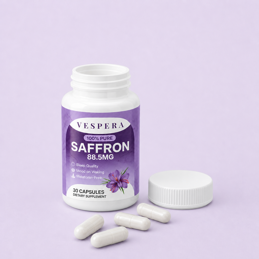 Vespera bottle open with white capsules beside it